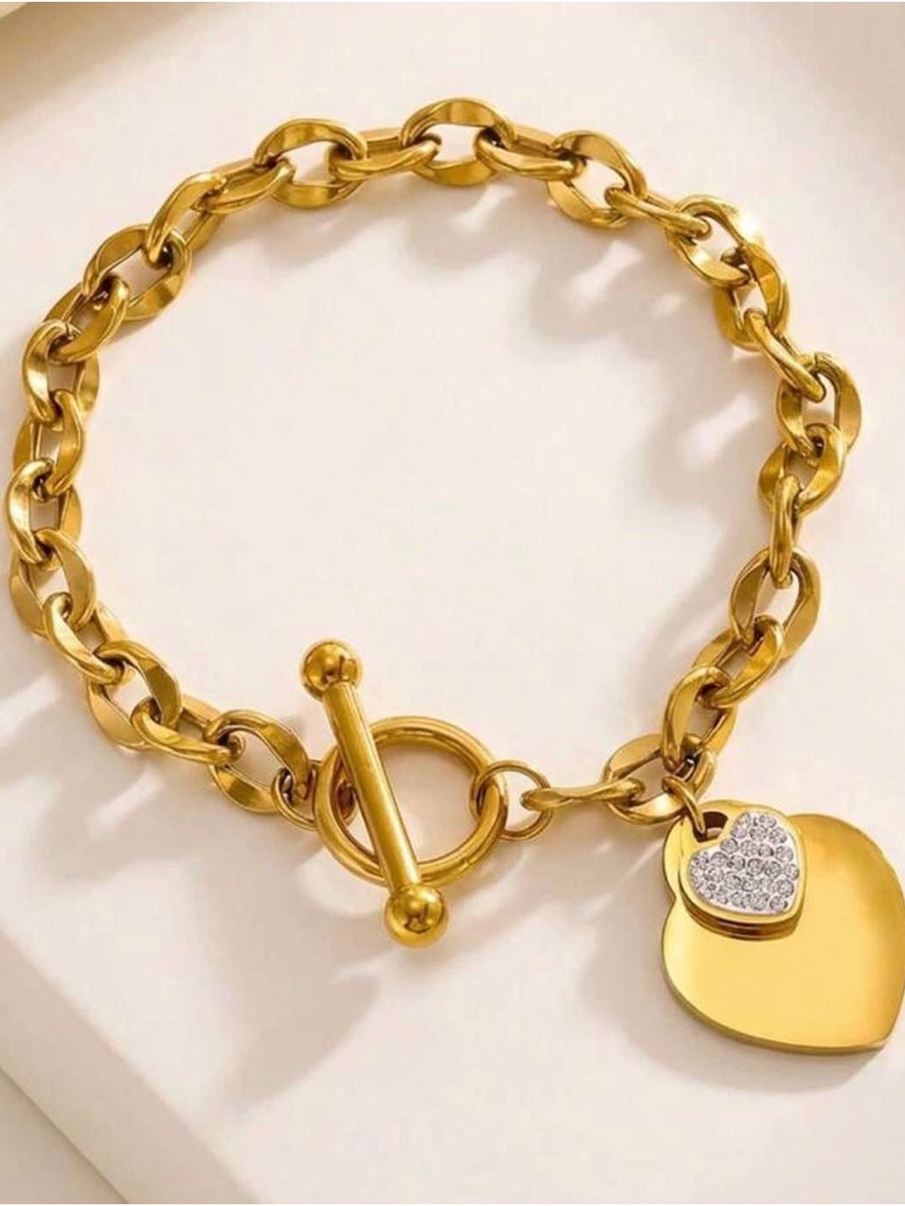 Gold Heart Charm Toggle Chain Bracelet